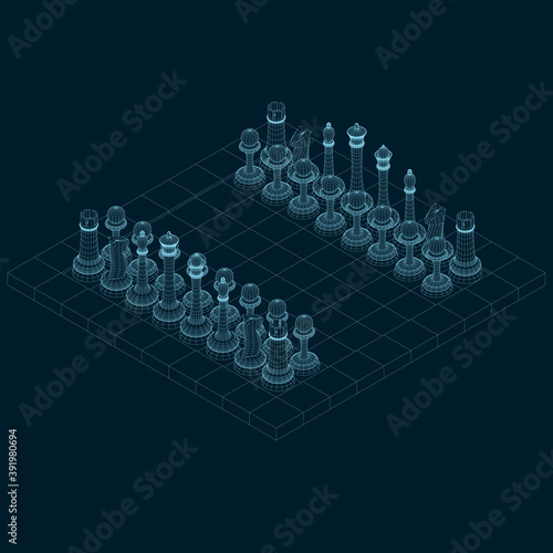 Chessboard wireframe with chess pieces made of blue lines on a dark background. Isometric view. 3D. Vector illustration