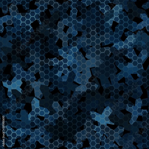 Dark blue night camouflage seamless pattern with hexagonal geometric ornament