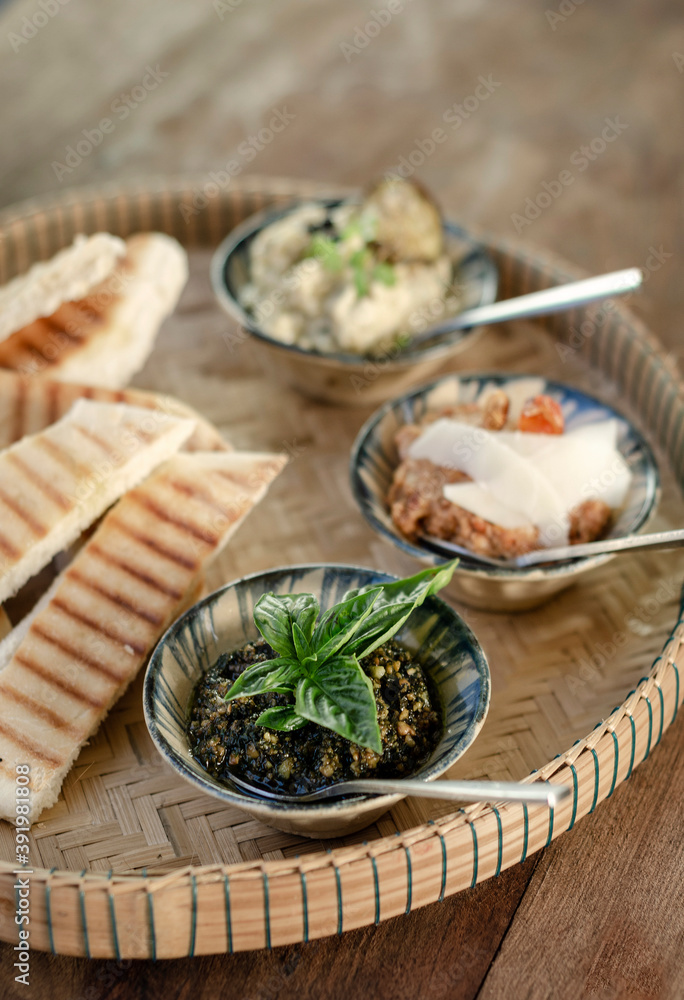 turkish meze vegetarian tapas snack platter on rustic wood table
