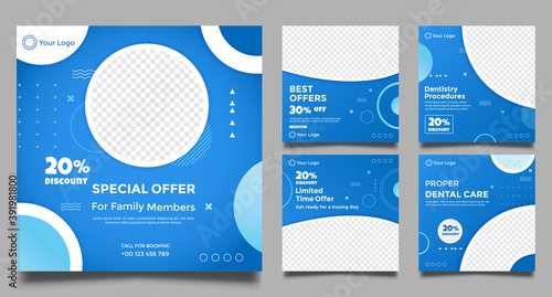 Dentist social media post templates. Medical promotion square web banner. Special offer banner. Sale and discount backgrounds. Vector illustration.