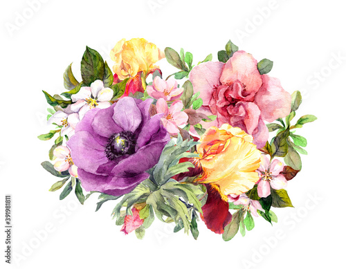 Floral bouquet - watercolor flowers illustration for spring  summer design