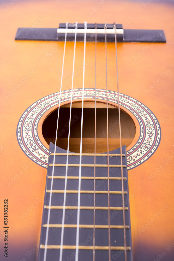 classical guitar detail with shallow depth of field
