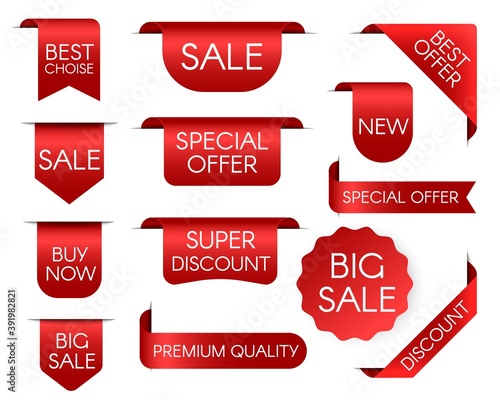 Tag price. Sale bookmark. Vector promotion red ribbons. Special offer or super discount sticker set.