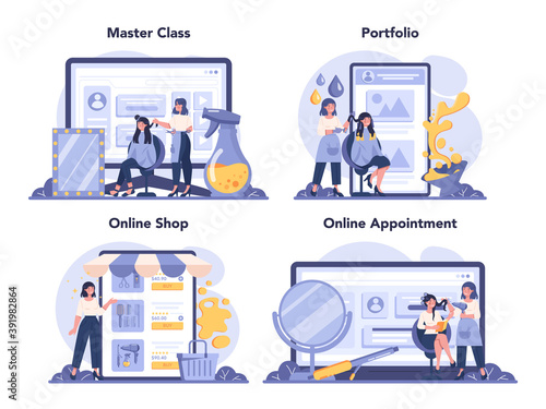 Hairdresser online service or platform set. Idea of hair care in salon.