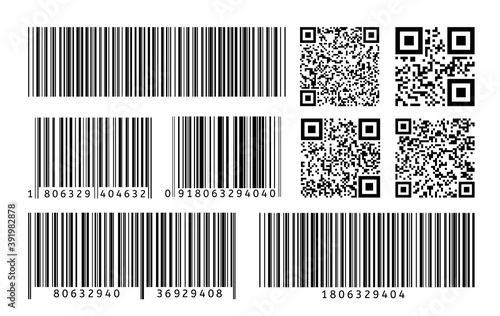 Barcode. QR code template. Scan striped code for digital identification. Vector bar code thin line sticker
