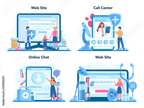 Health insurance concept set. People and doctor standing at the big