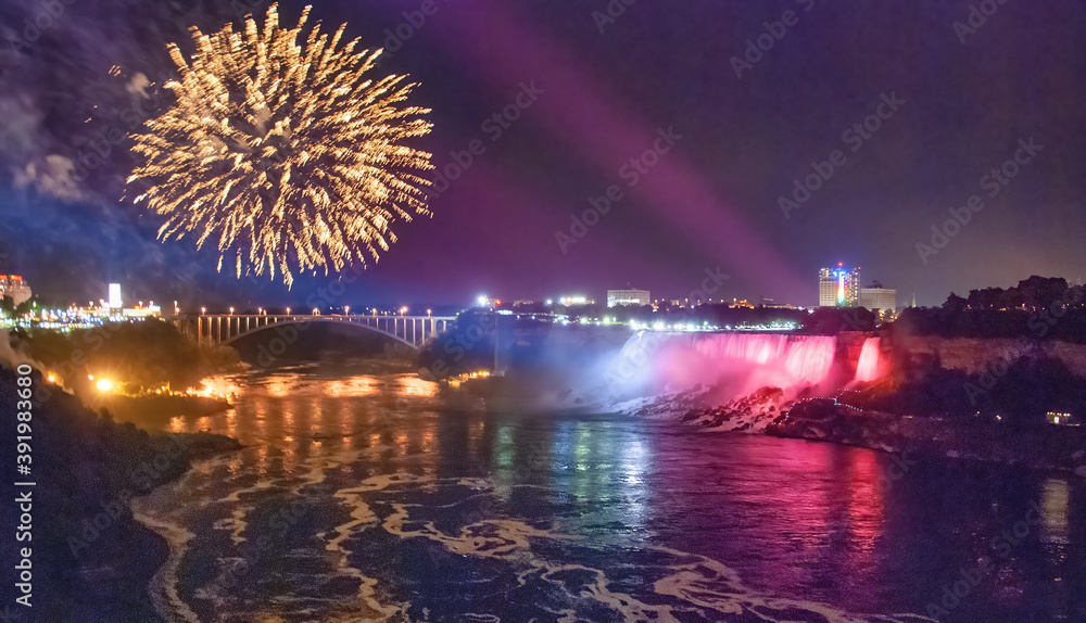 Majestic Niagara Falls at night, illuminated for a fireworks show, view from canadian side