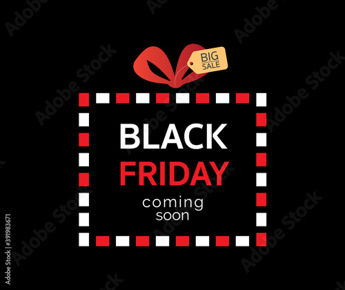 A promotional graphic design template for an upcoming Black Friday 2024 sale featuring a red ribbon with a Big Sale tag and bold red, white, and black text on a dark background.	