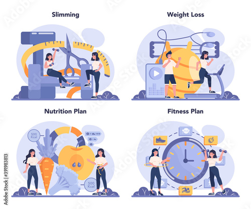 Slimming specialist set. Diet plan and physical activity. Over weight