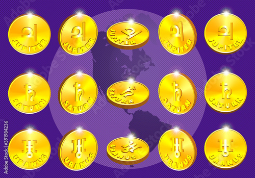 3d set of gold coin tokens in different projections. Astronomical signs of Jupiter, Saturn and Uranus. Part three. EPS10