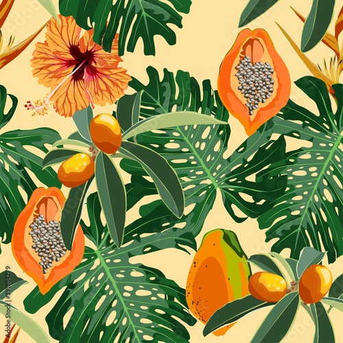 Seamless pattern with Fortunella or Kumquat exotic fruits, papaya, and exotic tropical leafs on a yellow background for print, cloth texture or wallpaper.
