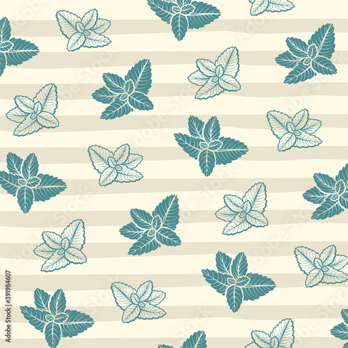 Mint hand sketch vector illustration seamless texture. Peppermint engraved drawing of menthol leaves isolated on modern background.
