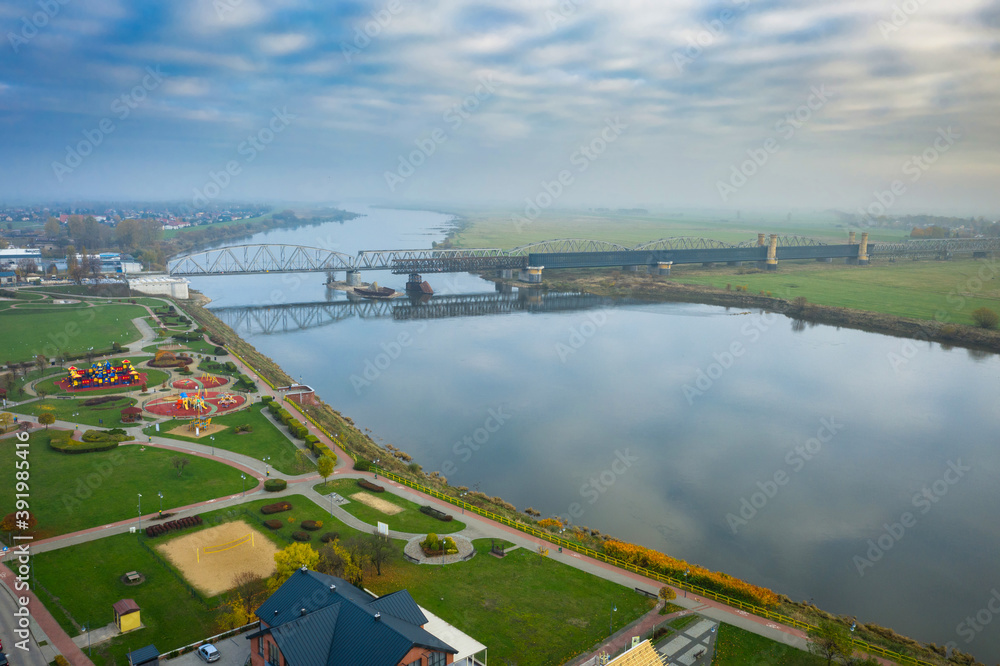 Aerial landscape of the Vistula river and railway bridge in Tczew, Poland