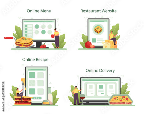 Tasty lasagna online service or platform set. Italian delicious cuisine