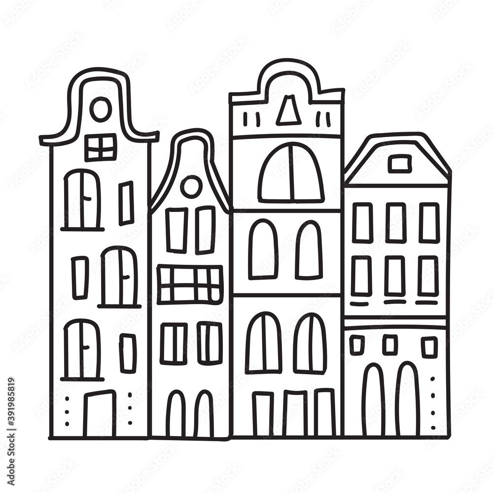 Hand drawn houses of Amsterdam in doodle style. Black stroke. Simple vector illustration isolated on white background Hand drawn houses of Amsterdam in doodle style. Black stroke. Simple vector illustration isolated on white background