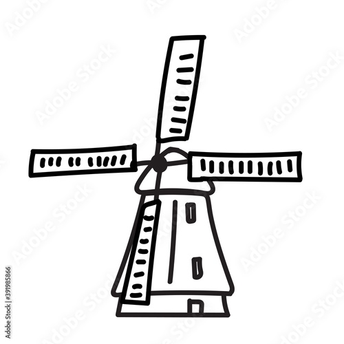 Hand drawn windmill in doodle style. Black stroke. Simple vector illustration isolated on white background