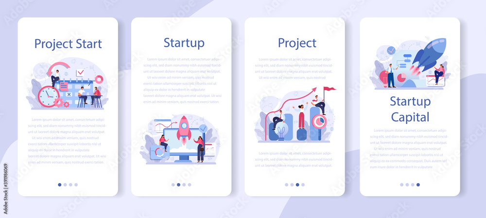 Project start mobile application banner set. Start up business