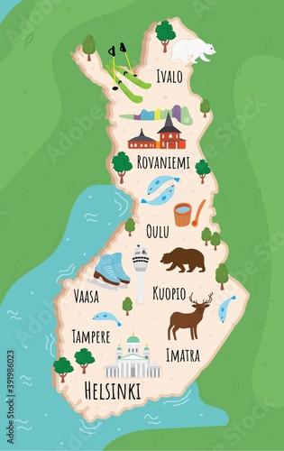 Tourist infographics about Finland. Cartoon map of Scandinavian country. Travel illustration with landmarks, buildings, food and plants. National symbols. Famous attractions. Vector illustration.