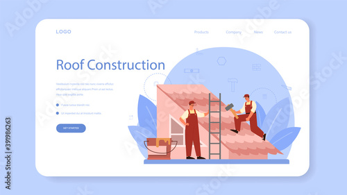Roof construction worker web banner or landing page. Building