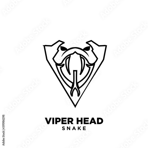 simplified viper snake head with big fangs and initial letter v line outline logo icon design isolated background photo