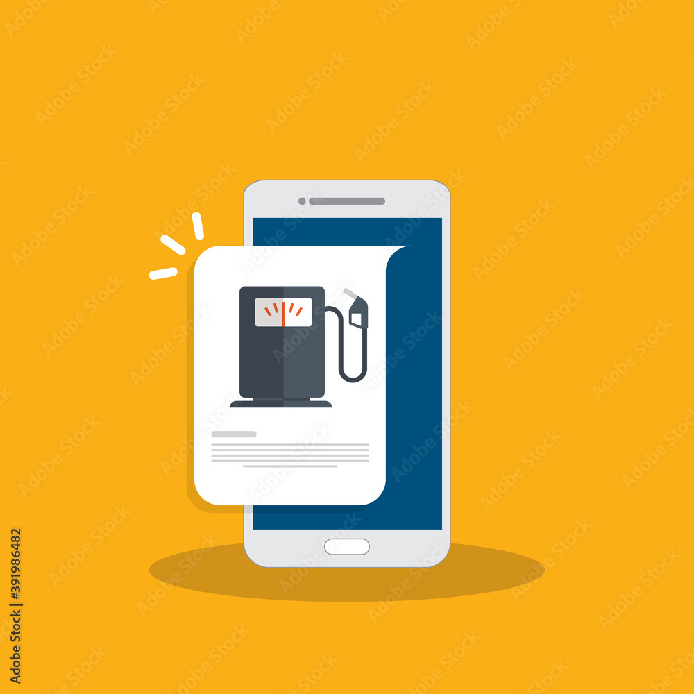 Gas petrol station info message on smartphone screen. Fuel charging using cellphone app, electronic digital online information concept, internet gasoline network system. Vector illustration. Gas petrol station info message on smartphone screen. Fuel charging using cellphone app, electronic digital online information concept, internet gasoline network system. Vector illustration.