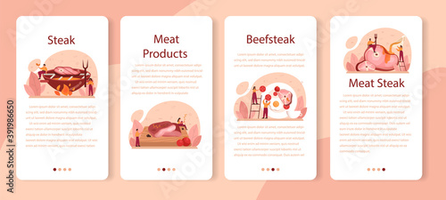 Steak mobile application banner set. People cooking tasty grilled