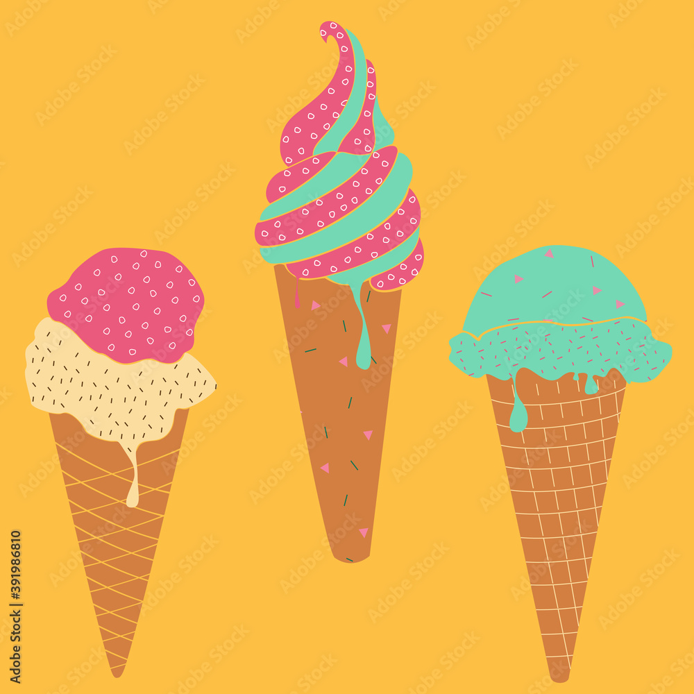 Ice cream vector illustration, set of gelato in cones isolated on yellow background. Cafe menu pictures Ice cream vector illustration, set of gelato in cones isolated on yellow background. Cafe menu pictures