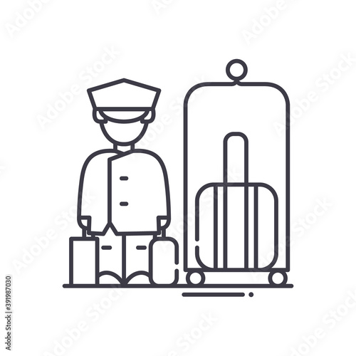 Bellboy with luggage icon, linear isolated illustration, thin line vector, web design sign, outline concept symbol with editable stroke on white background.