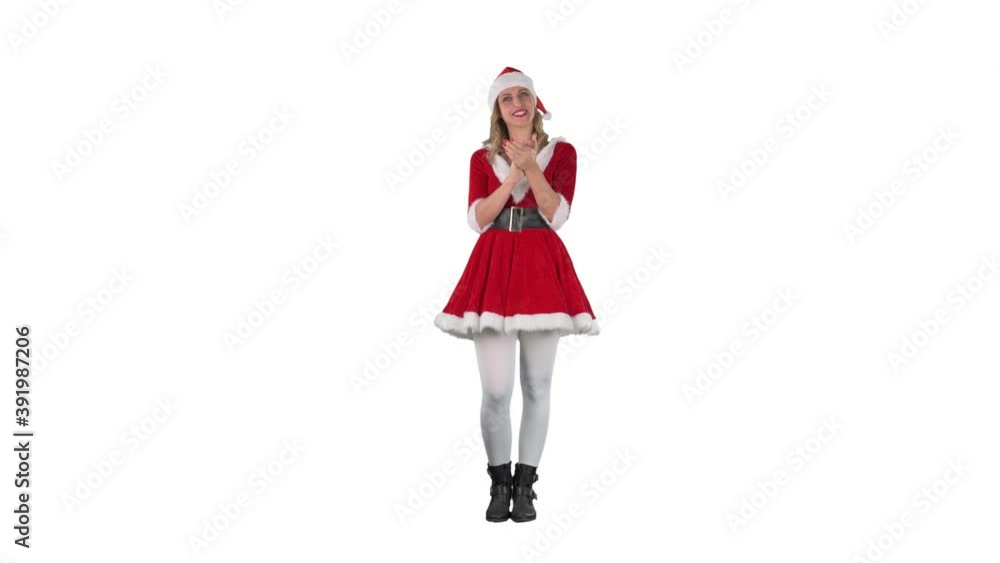 Santa girl in Christmas costume standing and applauding congratulating. Full body isolated on white background. Santa girl in Christmas costume standing and applauding congratulating. Full body isolated on white background.