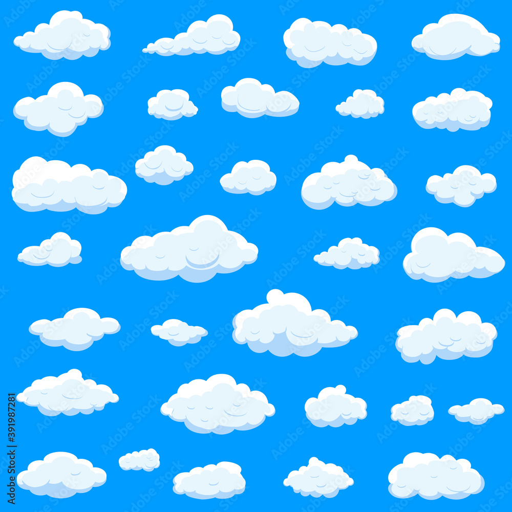 White cartoon clouds set isolated on blue background. Collection of different cartoon clouds for background template, wallpaper and sky design. Cartoon clouds vector. Sky illustration