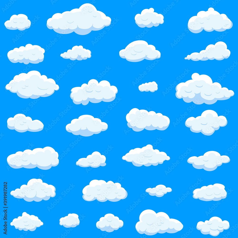 White cartoon clouds set isolated on blue background. Collection of different cartoon clouds for background template, wallpaper and sky design. Cartoon clouds vector. Sky illustration White cartoon clouds set isolated on blue background. Collection of different cartoon clouds for background template, wallpaper and sky design. Cartoon clouds vector. Sky illustration