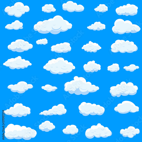 White cartoon clouds set isolated on blue background. Collection of different cartoon clouds for background template, wallpaper and sky design. Cartoon clouds vector. Sky illustration