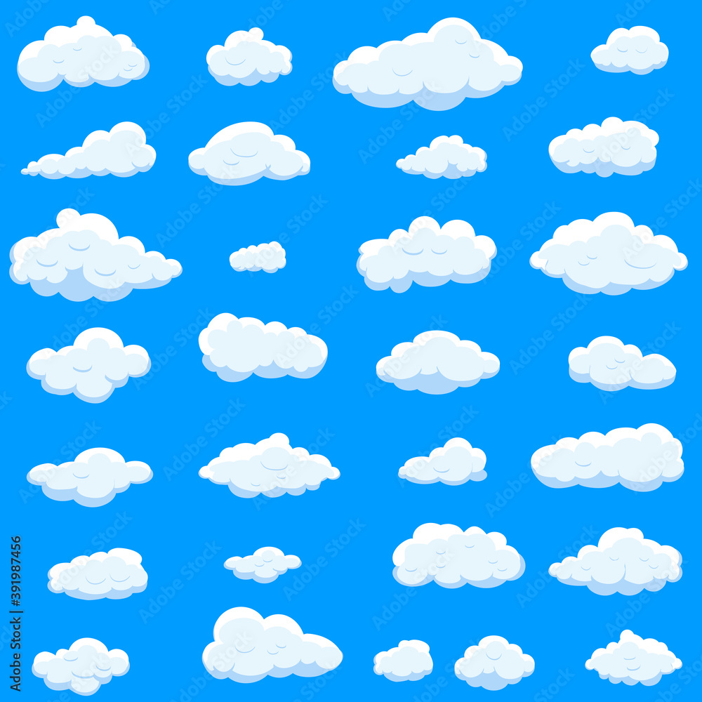 White cartoon clouds set isolated on blue background. Collection of different cartoon clouds for background template, wallpaper and sky design. Cartoon clouds vector. Sky illustration