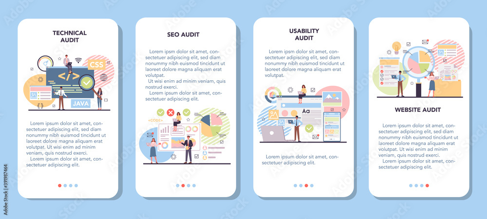 Website audit mobile application banner set. Web page analysis Website audit mobile application banner set. Web page analysis