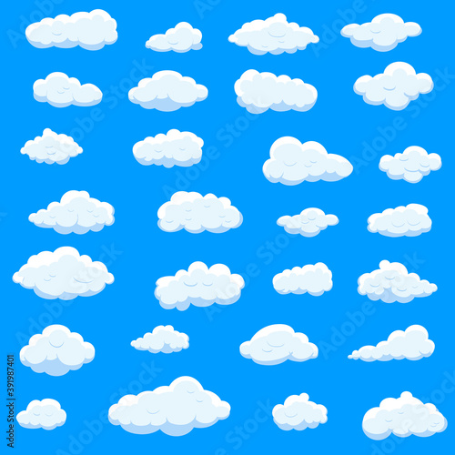 White cartoon clouds set isolated on blue background. Collection of different cartoon clouds for background template, wallpaper and sky design. Cartoon clouds vector. Sky illustration
