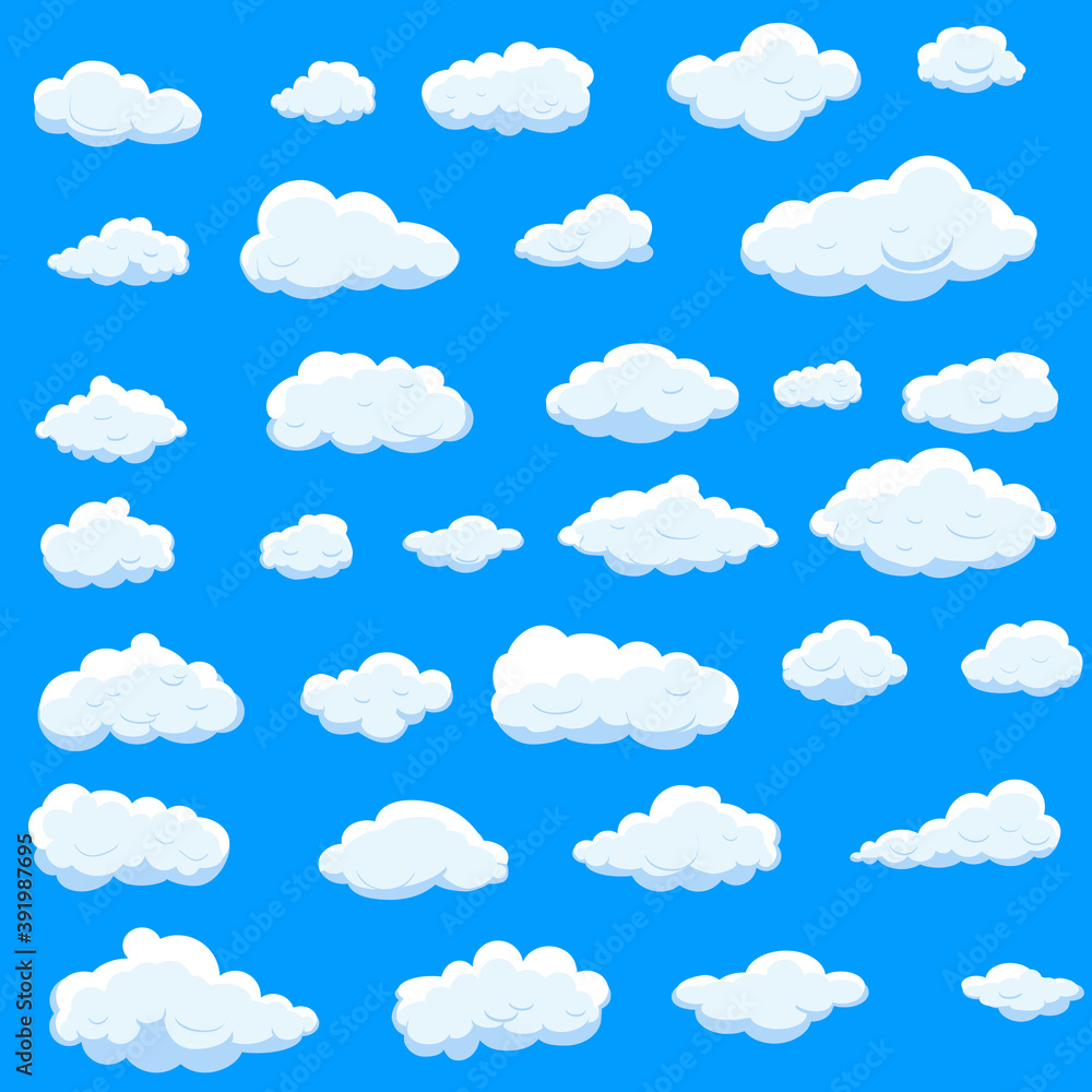 White cartoon clouds set isolated on blue background. Collection of different cartoon clouds for background template, wallpaper and sky design. Cartoon clouds vector. Sky illustration White cartoon clouds set isolated on blue background. Collection of different cartoon clouds for background template, wallpaper and sky design. Cartoon clouds vector. Sky illustration