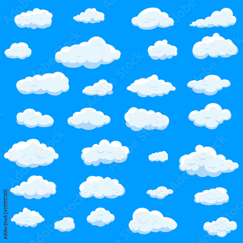 White cartoon clouds set isolated on blue background. Collection of different cartoon clouds for background template, wallpaper and sky design. Cartoon clouds vector. Sky illustration