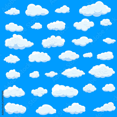 White cartoon clouds set isolated on blue background. Collection of different cartoon clouds for background template, wallpaper and sky design. Cartoon clouds vector. Sky illustration