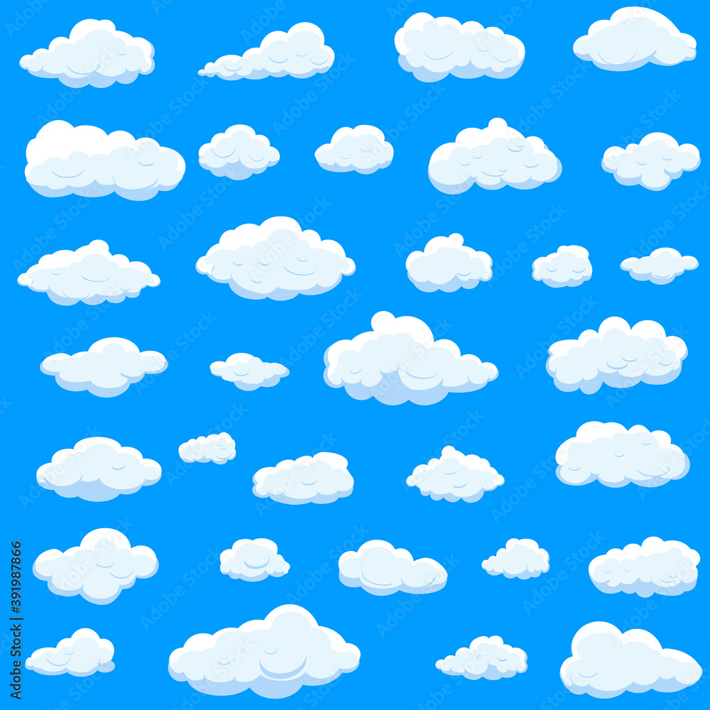 White cartoon clouds set isolated on blue background. Collection of different cartoon clouds for background template, wallpaper and sky design. Cartoon clouds vector. Sky illustration