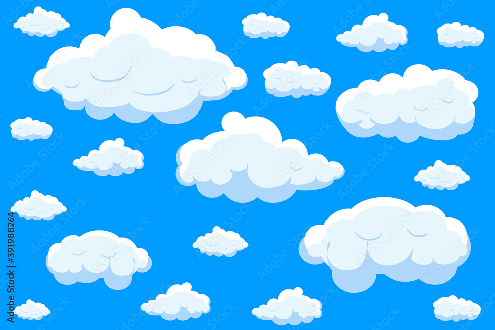 White cartoon clouds set isolated on blue background. Collection of different cartoon clouds for background template, wallpaper and sky design. Cartoon clouds vector. Sky illustration White cartoon clouds set isolated on blue background. Collection of different cartoon clouds for background template, wallpaper and sky design. Cartoon clouds vector. Sky illustration