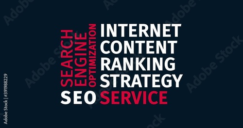 SEO. Search engine optimization. Animated word cloud text. Kinetic typography Animation.