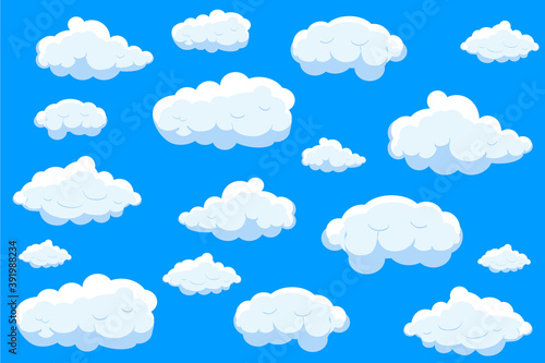 White cartoon clouds set isolated on blue background. Collection of different cartoon clouds for background template, wallpaper and sky design. Cartoon clouds vector. Sky illustration