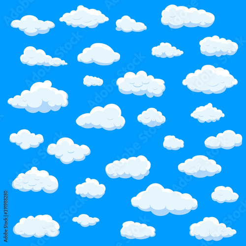 White cartoon clouds set isolated on blue background. Collection of different cartoon clouds for background template, wallpaper and sky design. Cartoon clouds vector. Sky illustration