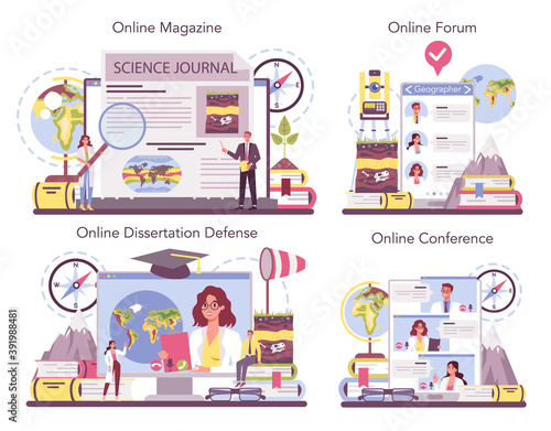 Geographer online service or platform set. Studying the lands,