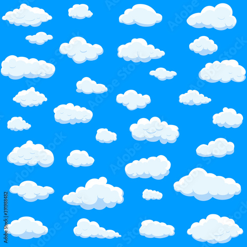 White cartoon clouds set isolated on blue background. Collection of different cartoon clouds for background template, wallpaper and sky design. Cartoon clouds vector. Sky illustration
