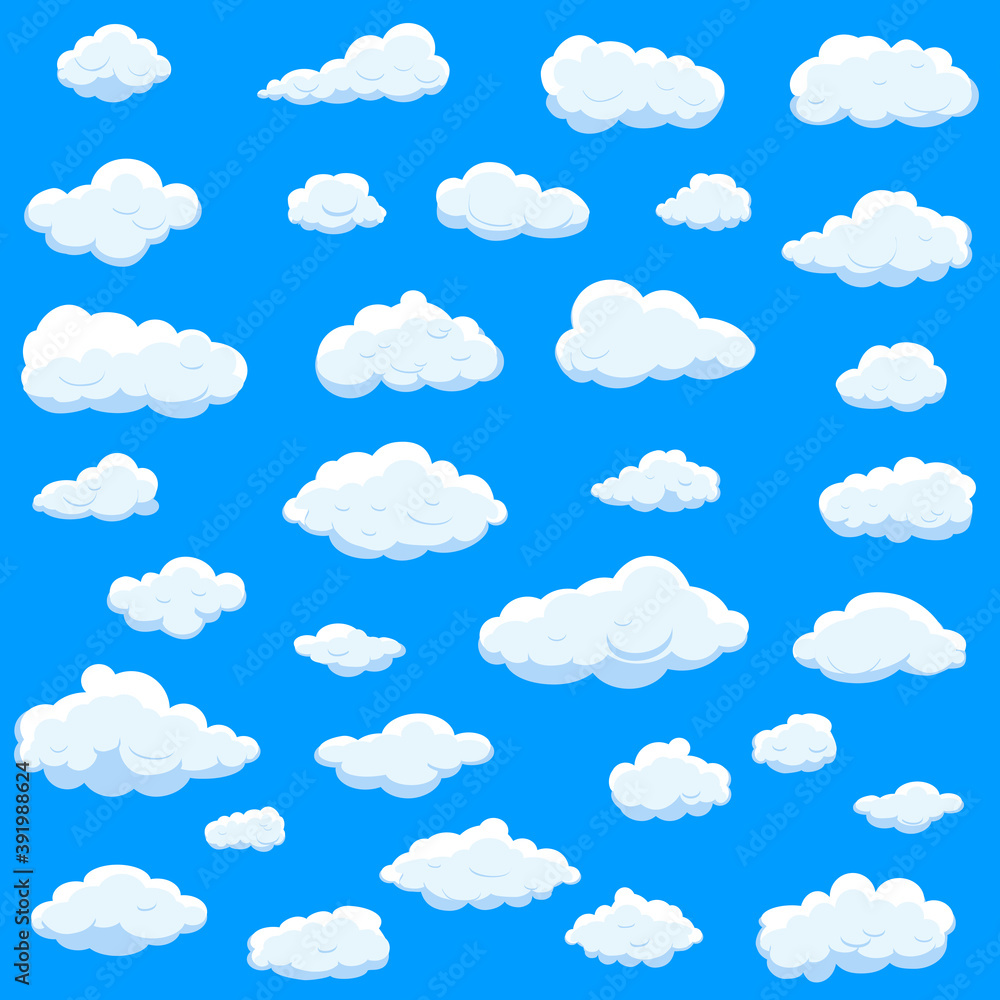 White cartoon clouds set isolated on blue background. Collection of different cartoon clouds for background template, wallpaper and sky design. Cartoon clouds vector. Sky illustration