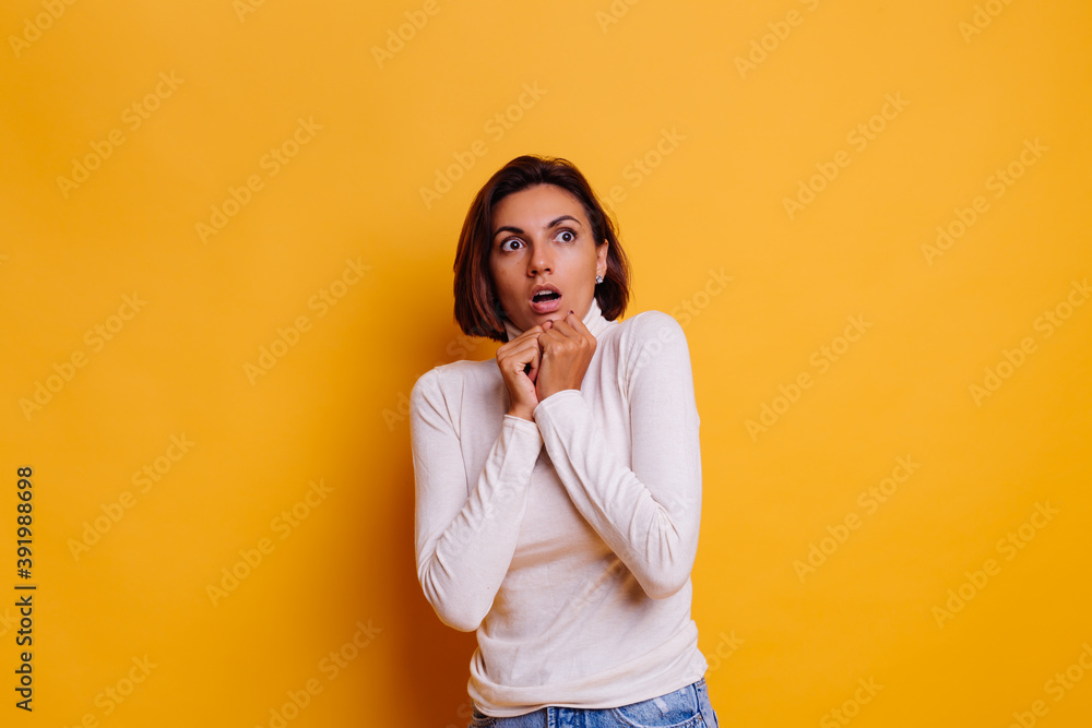 Studio shot of woman fear afraid scared anxious expression. Studio shot of woman fear afraid scared anxious expression.