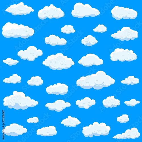 White cartoon clouds set isolated on blue background. Collection of different cartoon clouds for background template, wallpaper and sky design. Cartoon clouds vector. Sky illustration