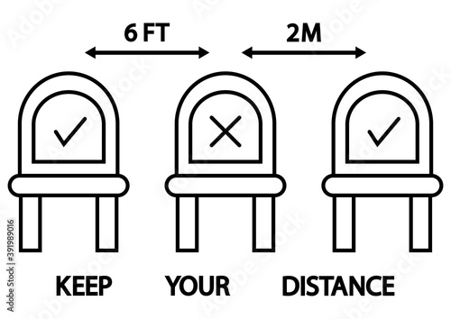 Do not sit here. Signage for restaurants and public places or transport. Social distancing, physical distancing sitting in a public chair, outline icon. Editable stroke. Keep your distance
