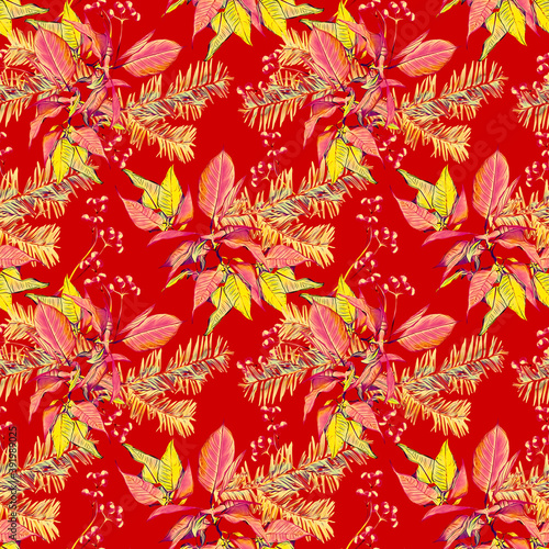 Christmas bouquet, poinsettia with fir and berries, seamless pattern.